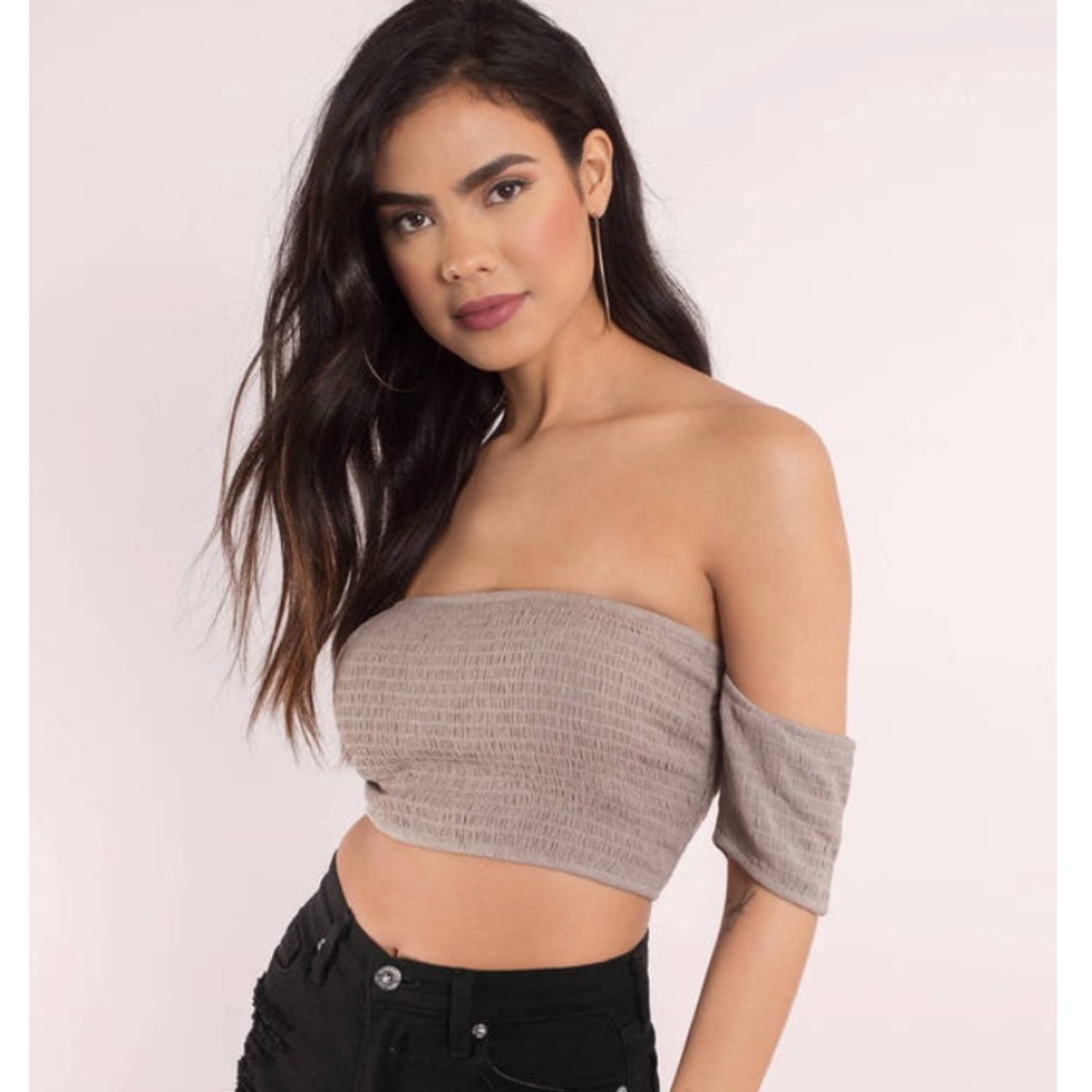 Tobi Off the Shoulder Crop Top (Taupe/Grey) NWOT